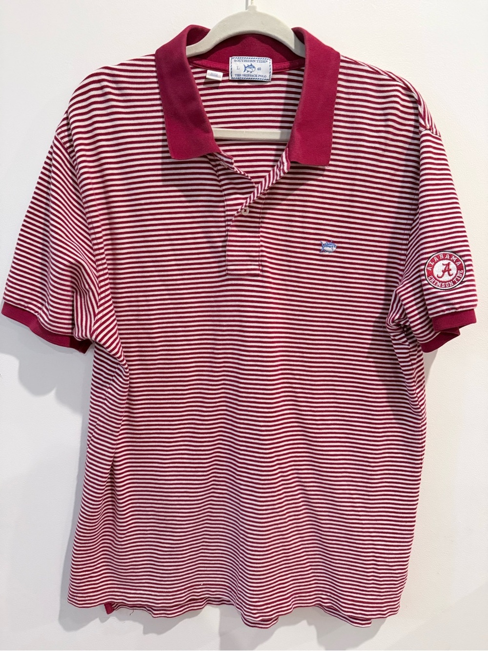 Southern Tide Striped Crimson Polo Shirt with Alabama Patch